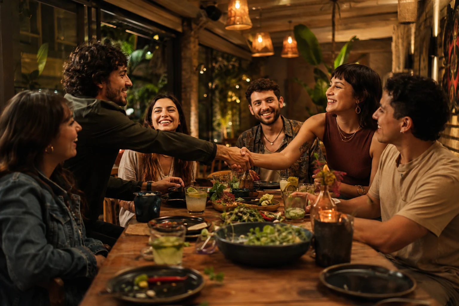 Grupo de amigos conversando y compartiendo una cena