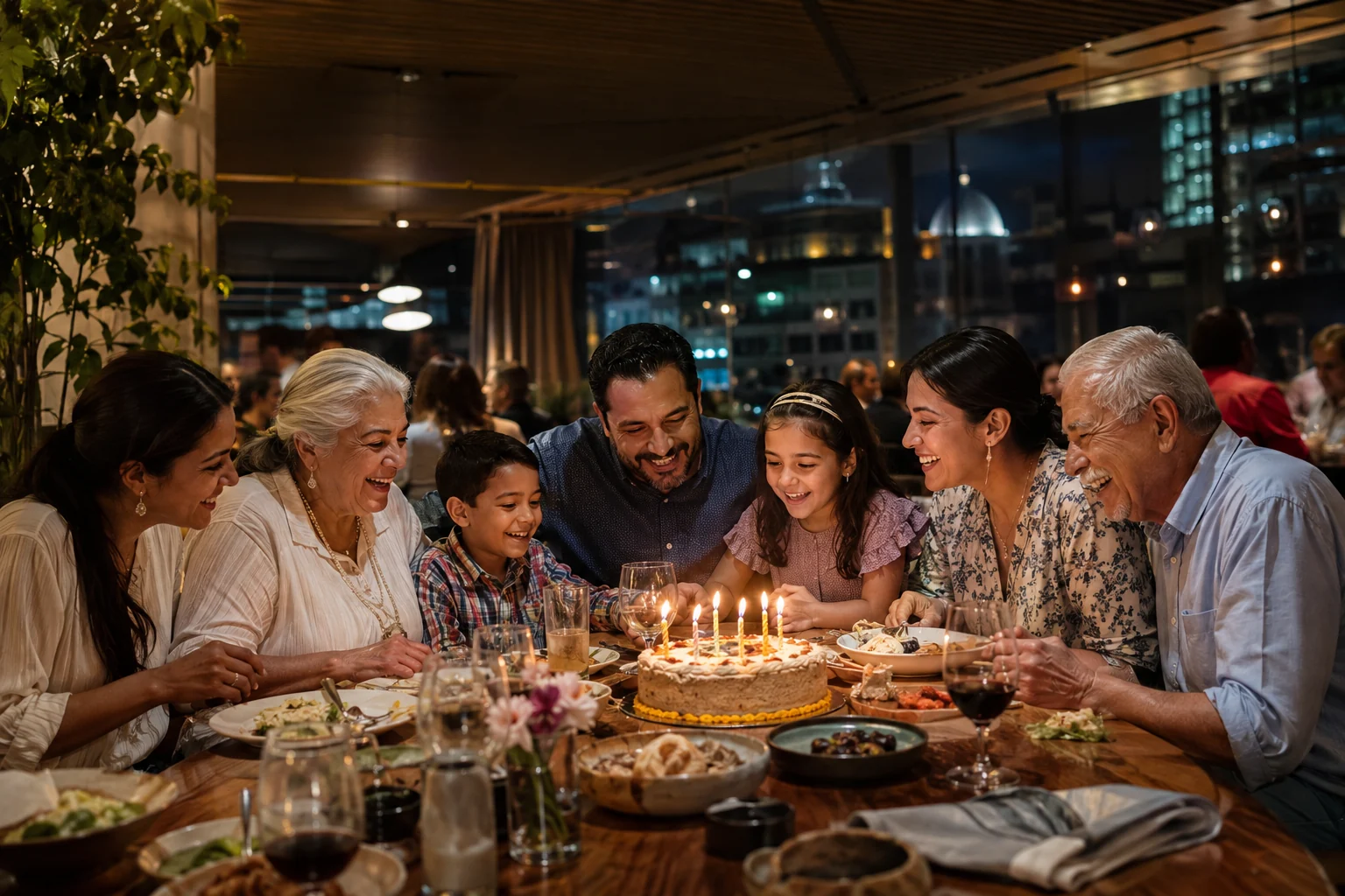 Familia compartiendo una comida y celebrando junta