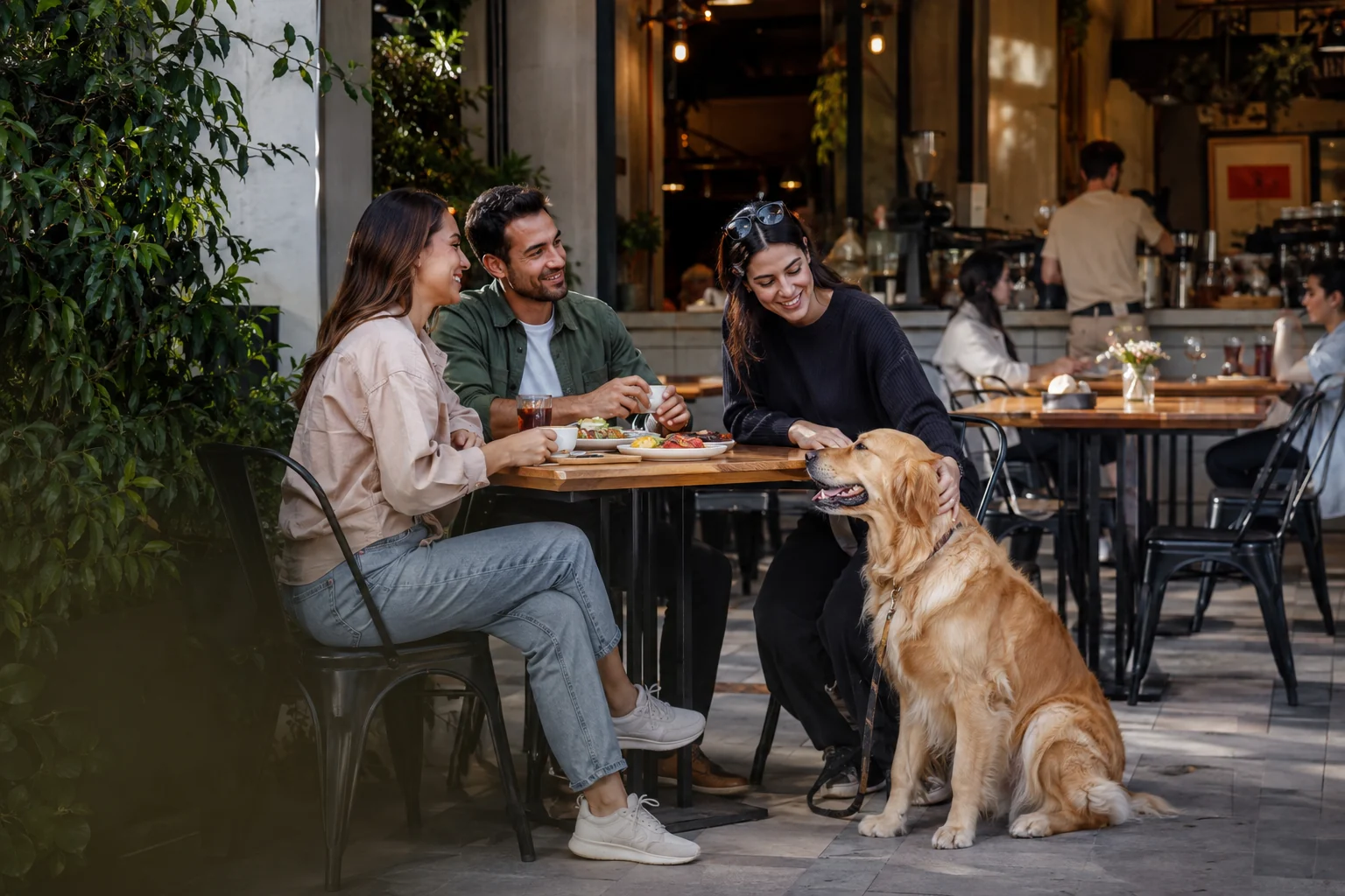 Amigos disfrutando un café acompañados de su mascota